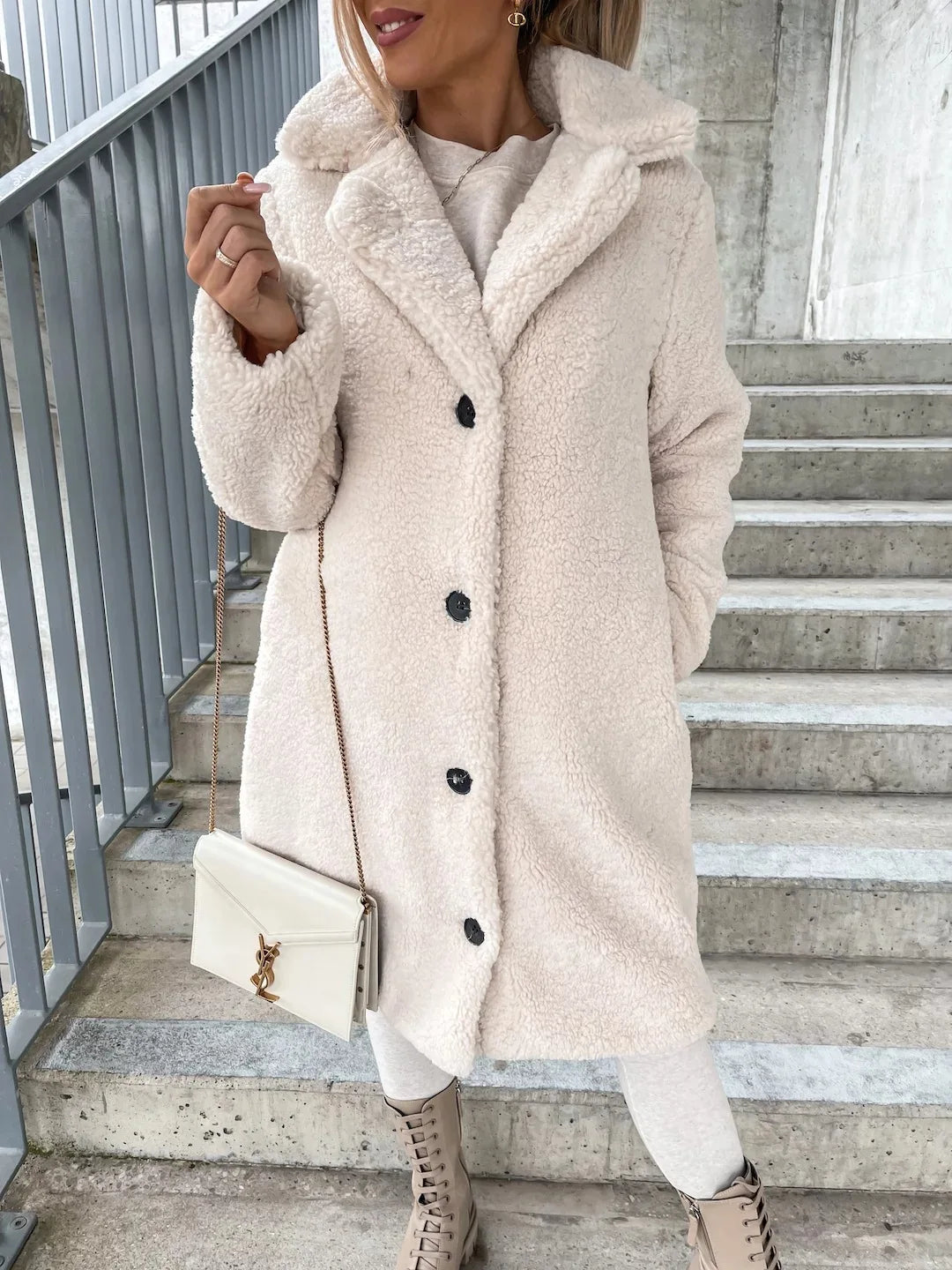 Autumn and winter cross-border women's clothing hot item: furry long sleeved lapel women's plush top long coat-belleandkai.com