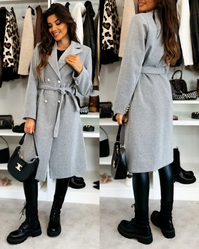 Women's Woolen Coat Autumn Winter Vintage Elegant Double Breasted Trench Coat Women Brown Long Sleeved Midi Windbreaker Jacket-belleandkai.com