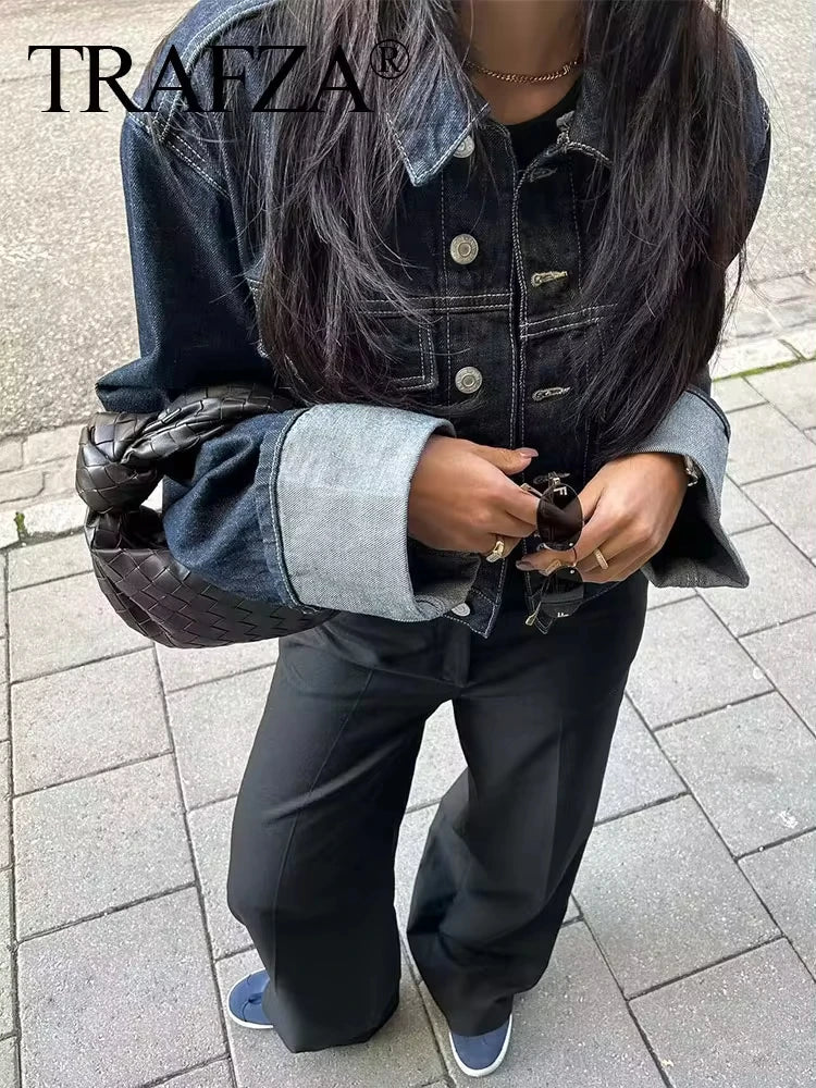TRAFZA 2024 Autumn Female Vintage Denim Suit Long Sleeve Single Breasted Lapel Coat+High Waist Wide Leg Jeans Street Fashion Set-belleandkai.com