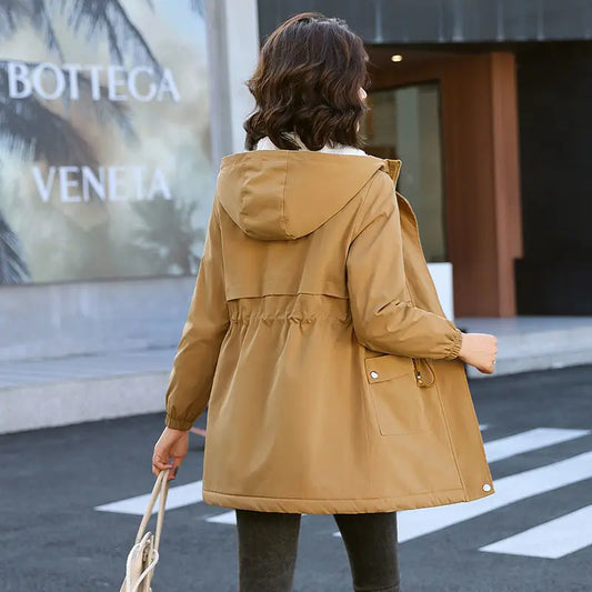 Plus Fleece Women Midi Parkas Autumn Winter Korean Loose Harajuku Thicken Thermal Pockets Drawstring Solid Hooded Trench Coats-belleandkai.com