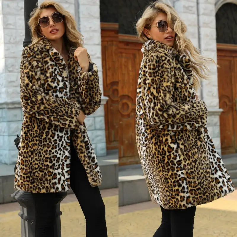 Women‘s Leopard Print Faux Fur Coat Open Front Fuzzy Suit Collar Women Fashion Warm Faux Fur Mid-Length Coat-belleandkai.com