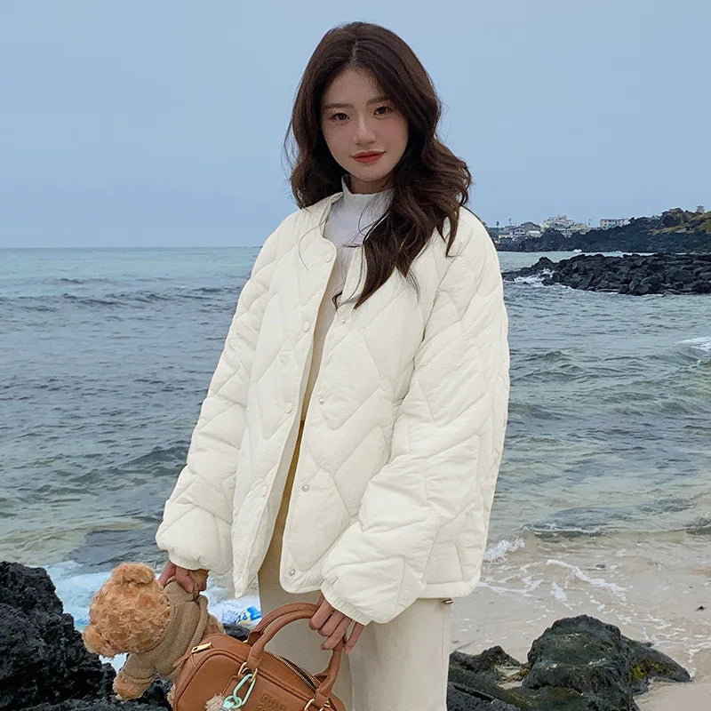 Autumn Winter Quilted Jacket Women Cotton Coat Warm Parkas Single-breasted Long Sleeve Design O-neck Outerwear Black Blue Yellow-belleandkai.com