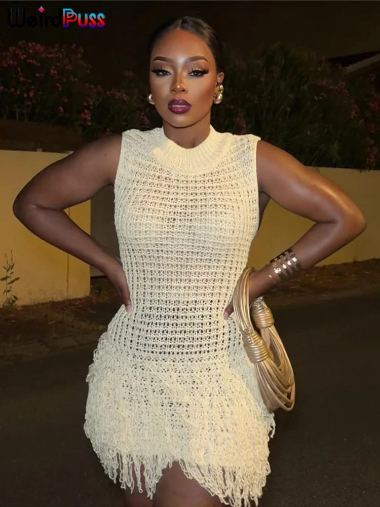 Weird Puss Crochet Dress Women Sexy Chic Y2K Summer Trend Tassel Hem Sleeveless Stretch Fashion Beach Vacation Clubwear Bodycon-belleandkai.com