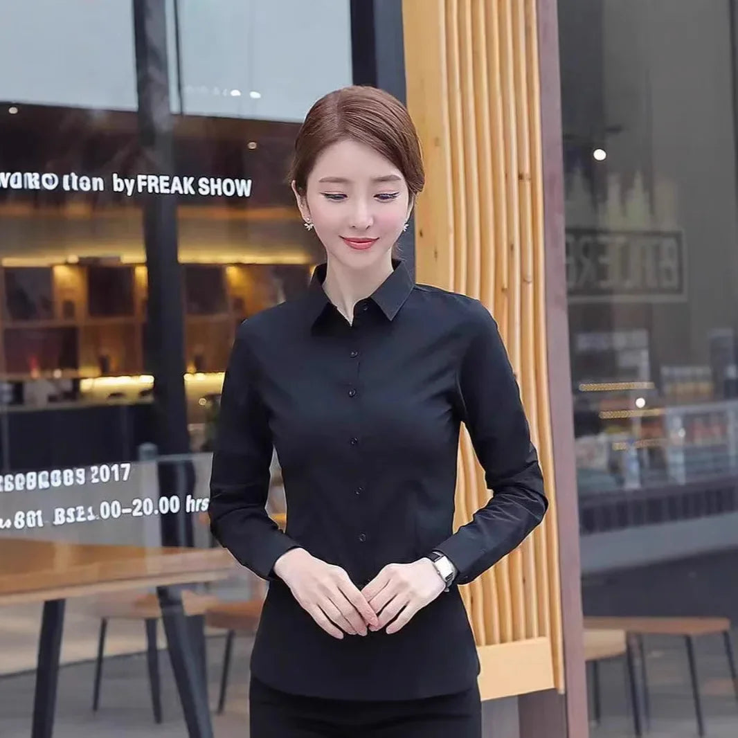 Slim Fit Workwear Shirt Women's Formal Long Sleeve Blue White Spring Summer Autumn Office Uniform Polo Collar Button Decoration-belleandkai.com
