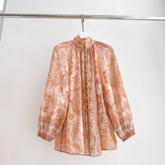 Beach Vacation Women Set Australia Luxury Design Vintage Floral Print Loose Blouse and High Waist Shorts Suit for Summer Wearing-belleandkai.com