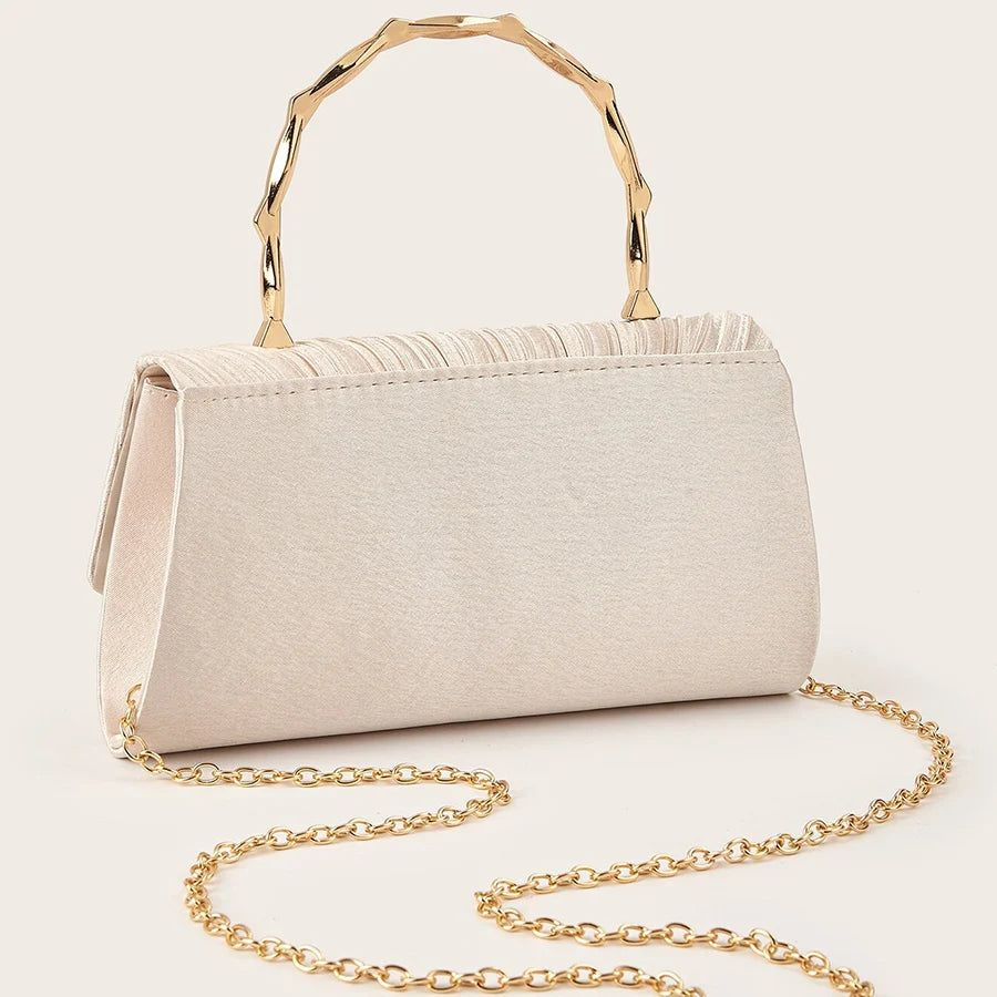 New apricot pleated satin handbag with flower and gold handle luxury handbags for banquets and party chains evening clutch purse-belleandkai.com