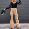 Street Fashion Pantalon Europe American Spring Autumn Women's Solid Mid Waist Slim Micro Bell Bottoms Corduroy Casual Sweatpant-belleandkai.com