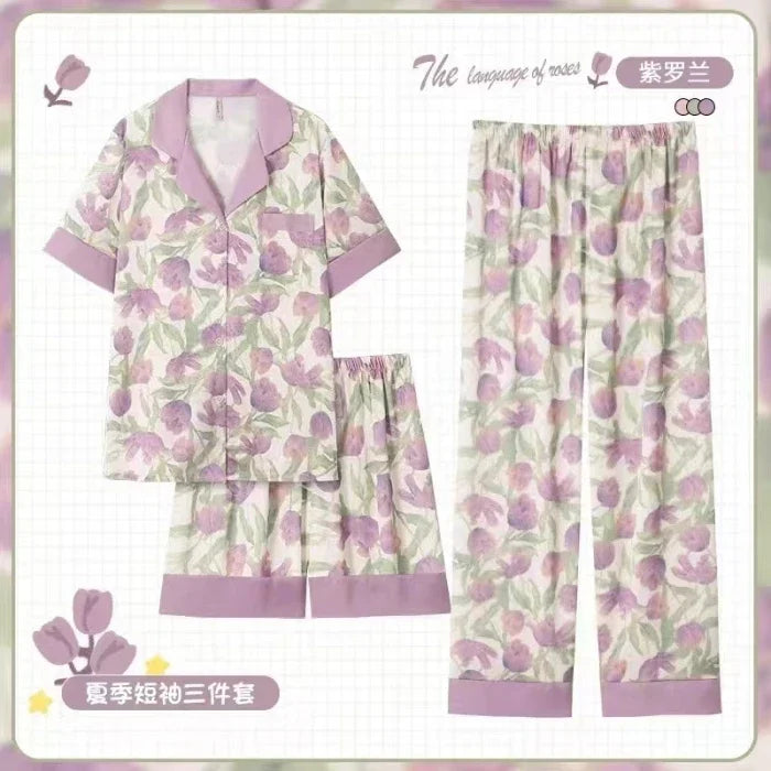 3 Pieces Set Night Wears for Women Summer New Short Sleeve Casual Striped Faux Silk Pijamas Set for Women Luxury Pyjamas Set-belleandkai.com