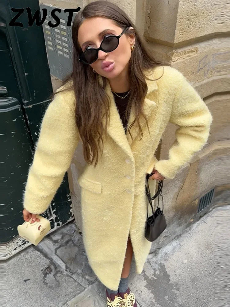 Elegant Lamb Wool Solid Women Maxi Coat Thicken Full Sleeve Lady Outwear 2024 Fashion Autumn Lapel Single Breasted Female Jacket-belleandkai.com