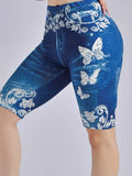 3 Piece Set Of Lmitation Denim Leggings For Women Butterfly Waist Fruit Flower Elastic Shorts High Waist Casual-belleandkai.com