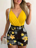 European and American Cross-border New Women's Clothing V-neck Camisole and Plant Print Shorts Set with Belt-belleandkai.com