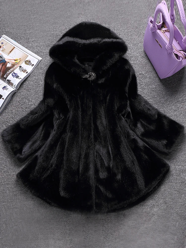 Lautaro Winter Black Warm Thick Hairy Soft Faux Mink Fur Coat Women with Hood Elegant Luxury Fluffy Jacket 2022 4xl 5xl 6xl 7xl-belleandkai.com