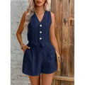 New Arrival Linen Summer Casual Commute Front Button Vest And Shorts Set V Neck Vest Autumn Clothing Women's Fashion Outfit-belleandkai.com