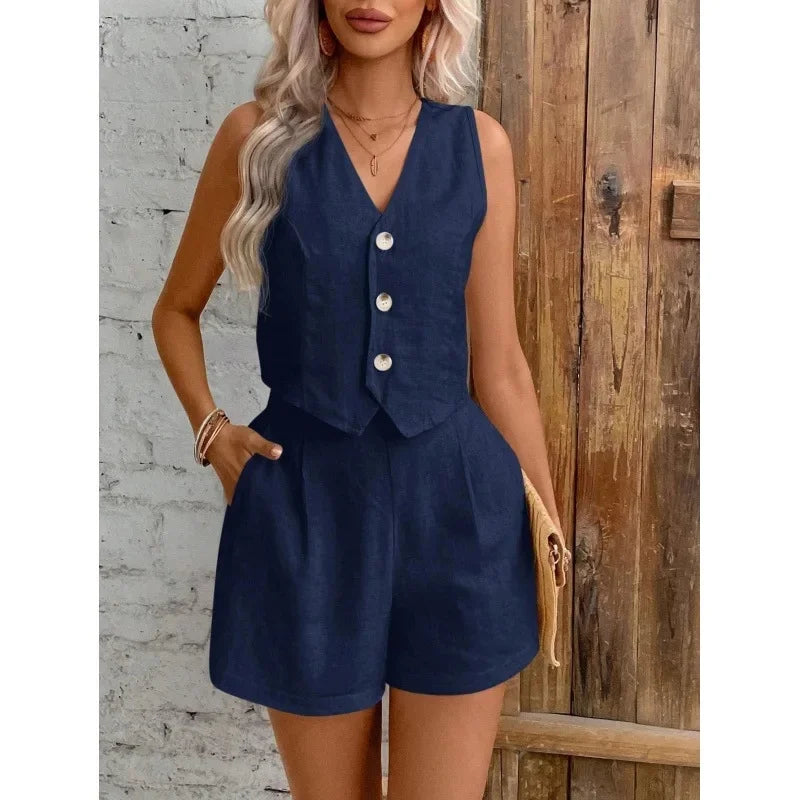 New Arrival Linen Summer Casual Commute Front Button Vest And Shorts Set V Neck Vest Autumn Clothing Women's Fashion Outfit-belleandkai.com