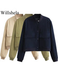 Willshela Women Fashion Solid Bomber Jackets Coat With Pockets V-Neck Single Breasted Long Sleeves Female Chic Lady Outfits-belleandkai.com
