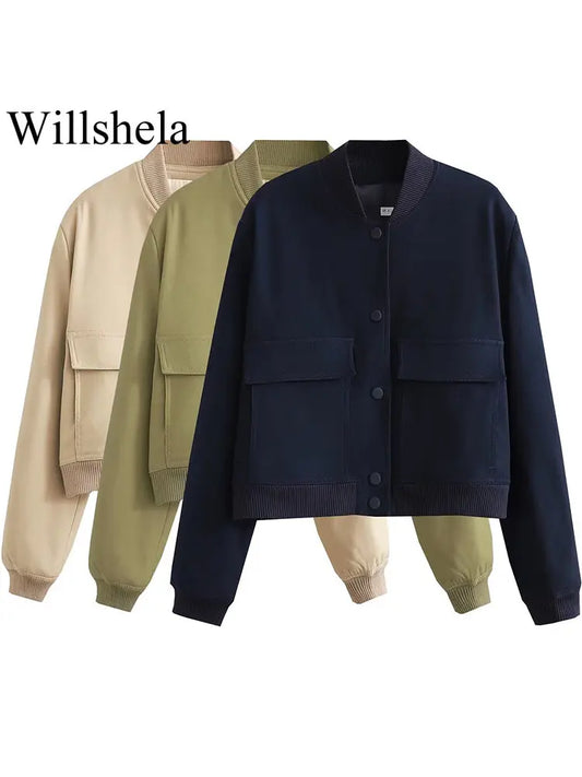 Willshela Women Fashion Solid Bomber Jackets Coat With Pockets V-Neck Single Breasted Long Sleeves Female Chic Lady Outfits-belleandkai.com
