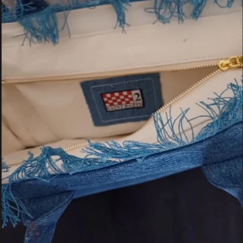 Saint Barthes European and American New Women's Large Capacity Leisure Travel Cowboy Blue Handmade Tassel Handbag-belleandkai.com