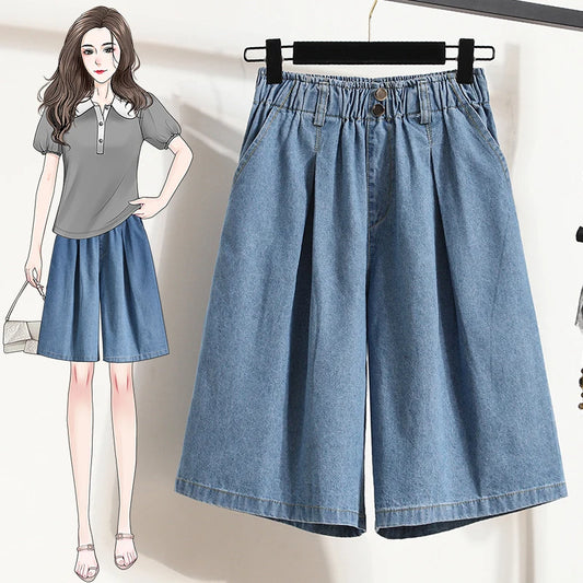 High Waist Wide Leg Loose Denim Shorts Women 2024 Summer New Arrivals Half Length Blue Color Jeans Shorts Korean Casual Jeans-belleandkai.com