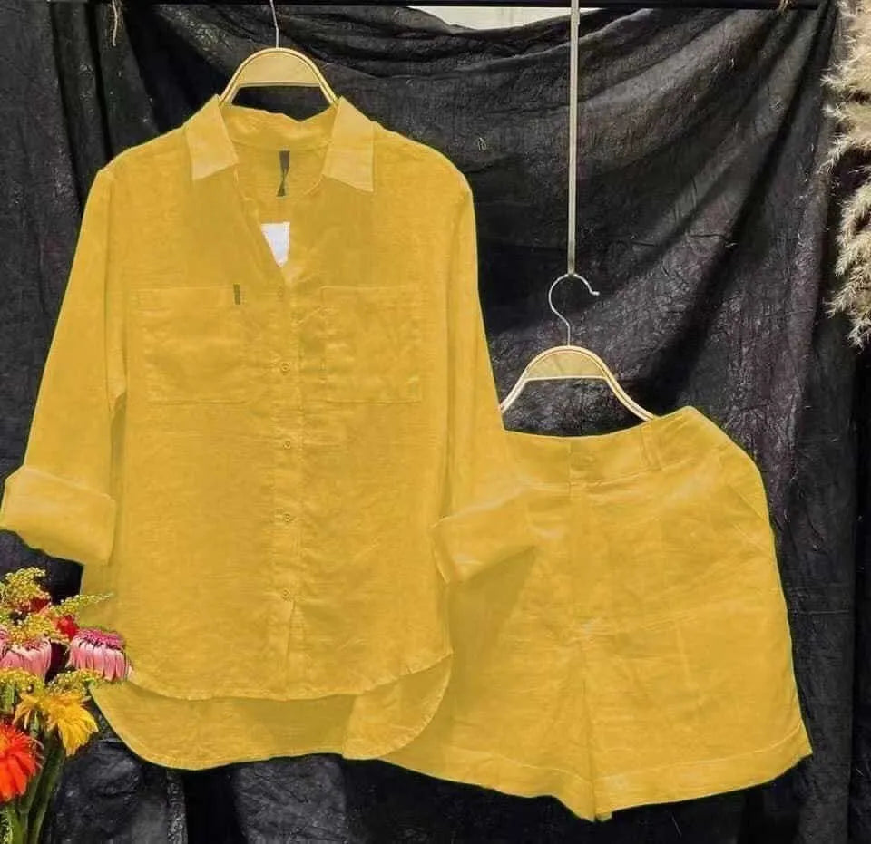 Fashion White Long Sleeve Shirt And Shorts Two Piece Sets Women 2025 Summer Cotton Linen Casual Home 2 Piece Set For Women-belleandkai.com