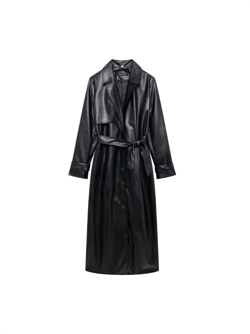2025 Women New Fashion With Belt Long style Single Breasted Faux Leather Coat Vintage Long Sleeve Pockets Female Outerwear-belleandkai.com