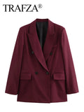 TRAFZA Vintage Woman Burgundy Red Blazer lapel Double Breasted Long Sleeve Suit Coat Women's 2024 Autumn Office Lady Outwear-belleandkai.com