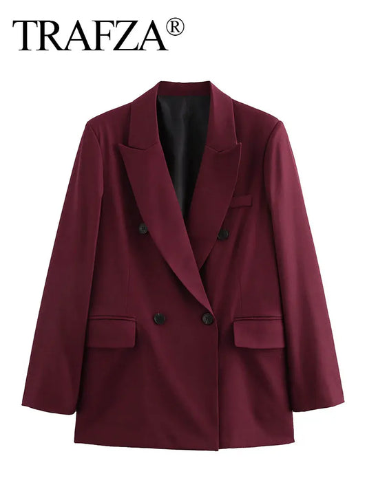 TRAFZA Vintage Woman Burgundy Red Blazer lapel Double Breasted Long Sleeve Suit Coat Women's 2024 Autumn Office Lady Outwear-belleandkai.com