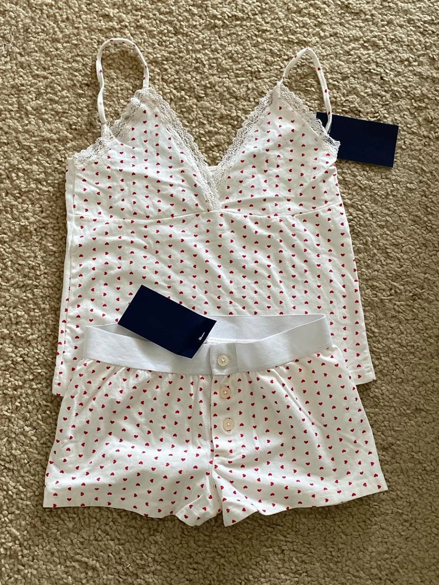 Strawberry Vest Shorts 2 Pieces Set Woman Eyelet Bow Slim Tank Top with Elastic Waist Patchwork Straight Short Pant Sweet Sets-belleandkai.com
