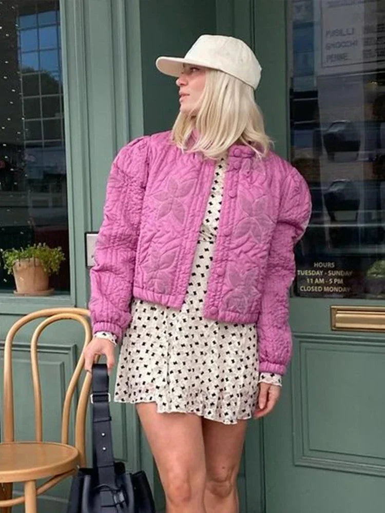Casual Solid Printed Padded Women Jacket O-neck Full Sleeves Lady Coat 2024 Fashion Autumn Covered Button Female Loose Outwear-belleandkai.com