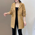 Women Windbreaker Jackets 2025 New Autumn Winter Mid-Length Loose Coat Hooded Lace-up Female Jacket Plus Velvet Warm Outwear Fe-belleandkai.com