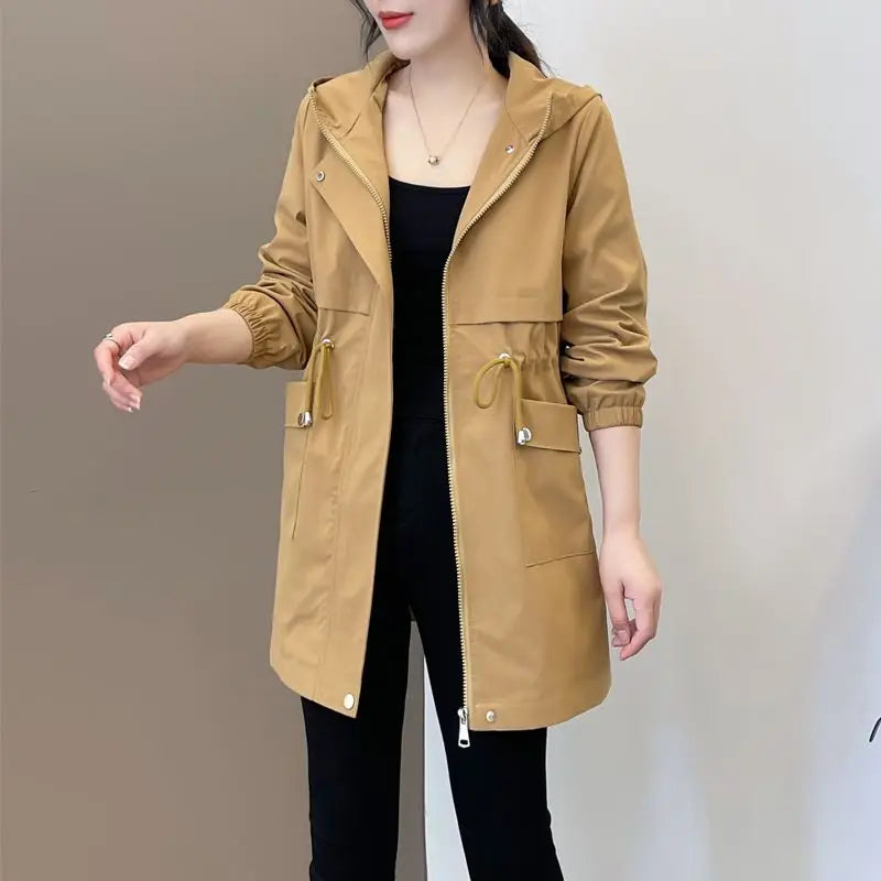 Women Windbreaker Jackets 2025 New Autumn Winter Mid-Length Loose Coat Hooded Lace-up Female Jacket Plus Velvet Warm Outwear Fe-belleandkai.com