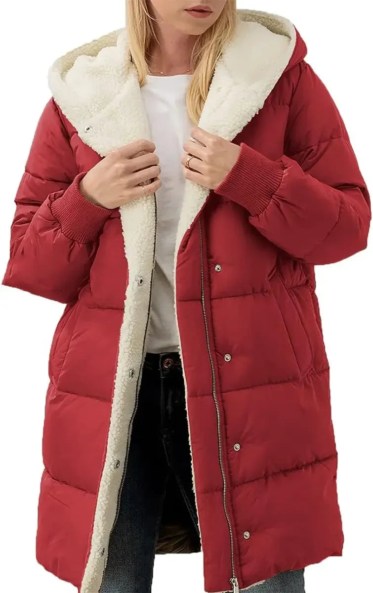 Womens Winter Warm Coats Sherpa Fleece Lined Long Hooded Puffer Jacket-belleandkai.com