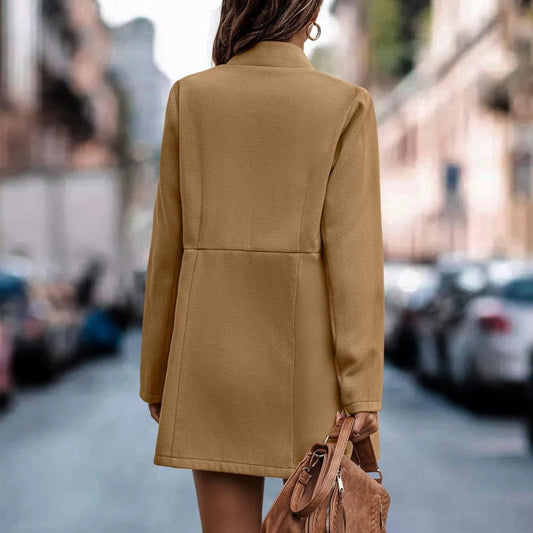 Women Fashion Solid Long Sleeve Coats Autumn Winter Casual Woolen Coat Stand Collar Jacket With Pockets Female Street Outerwear-belleandkai.com
