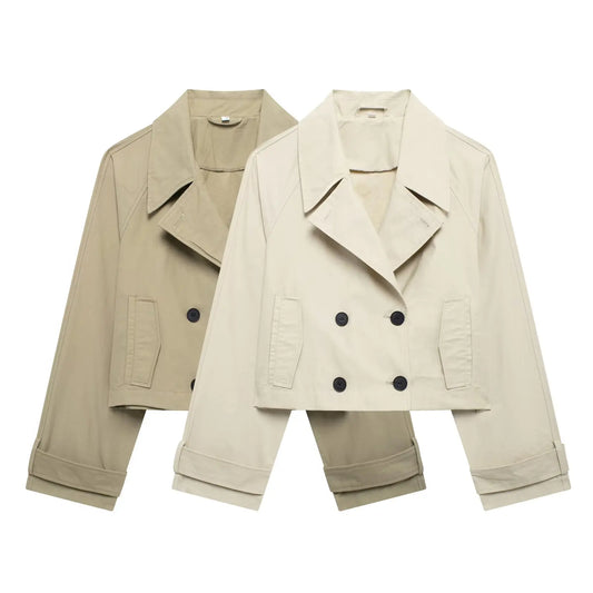TRAF Women Autumn 2024 New Fashion Short Jacket Coat Chic Lapel Casual Double-breasted All-match Thin Coat Outerwear Mujer-belleandkai.com