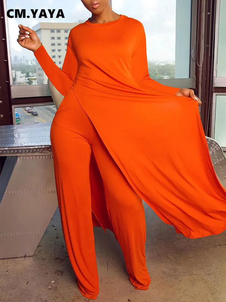 CM.YAYA Solid Classic Women's Set Long Sleeve High Slit X-long Tee Top Straight Pant Suit Tracksuit Fitness Two 2 Piece Outfits-belleandkai.com