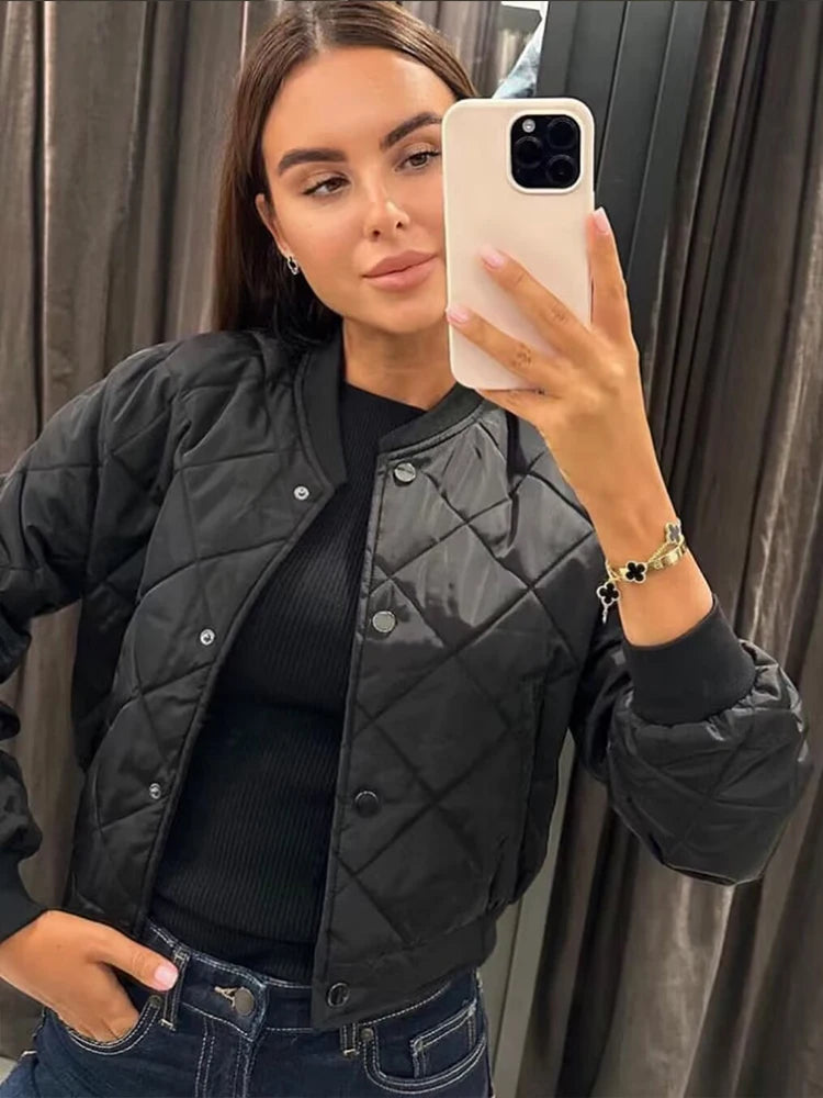 TRAF 2025 Women's Fashion Bomber Jacket Autumn Winter Short Parka Coat Vintage Long Sleeve Streetwear Casual New In Jackets-belleandkai.com