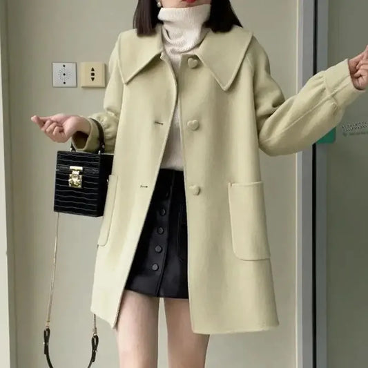 Autumn Winter New Style Slimming Long Coat with Heart Buckle Doll Collar Knitted Outerwear for Women Chinese Brand AE Stock-belleandkai.com