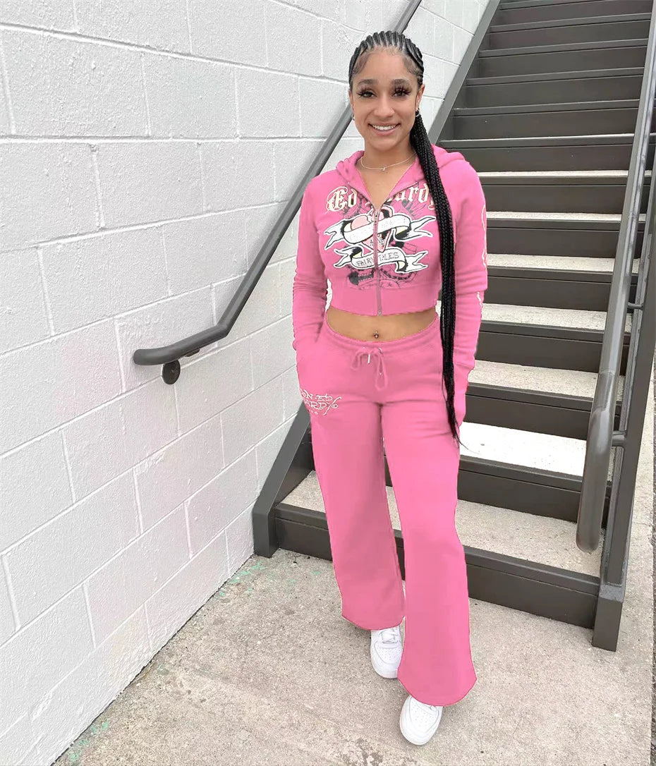 10 Bulk Items Wholesale Lots Tracksuits 2024 Printing 2 Piece Set Women Outfits Long Sleeve Zipper Hooded Jacket + Pant K12654_2-belleandkai.com