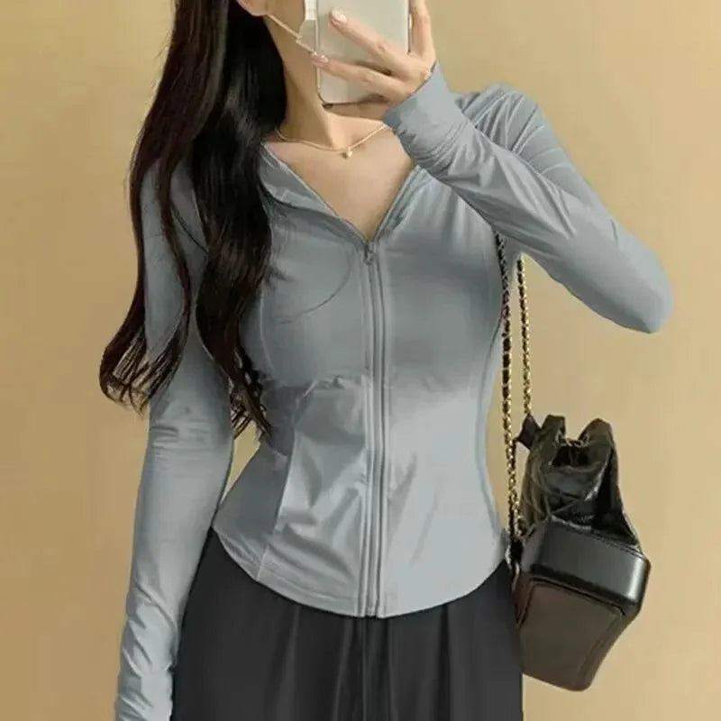Women's Summer Zipper Sun Protection Clothing Slim Fit Yoga Jacket Hooded Light Weight Cross-Border UV Protection Open Cardigan-belleandkai.com