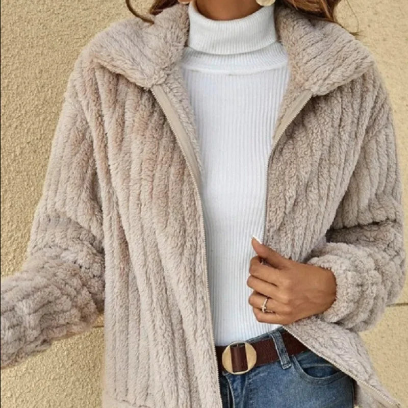 Autumn Winter Women Warm Furry Jacket New Fashion Patchwork Lapel Overcoat Female New Elegant Casual Communte Holiday Outerwears-belleandkai.com