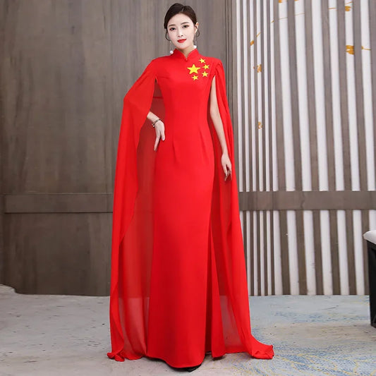 Elegant Chinese Style Cheongsam Evening Gown with Shawl for Women Stage Performance Costume New Hot Sale Of The Season Trend Mod-belleandkai.com