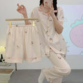 3 Pieces Set Night Wears for Women Summer New Short Sleeve Casual Striped Faux Silk Pijamas Set for Women Luxury Pyjamas Set-belleandkai.com