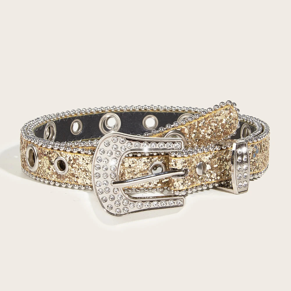 Stylish Rhinestone Western Cowgirl Style Y2K Belt Sparking Pu Leather BB Belts Jeans Dress Accessories For Women-belleandkai.com