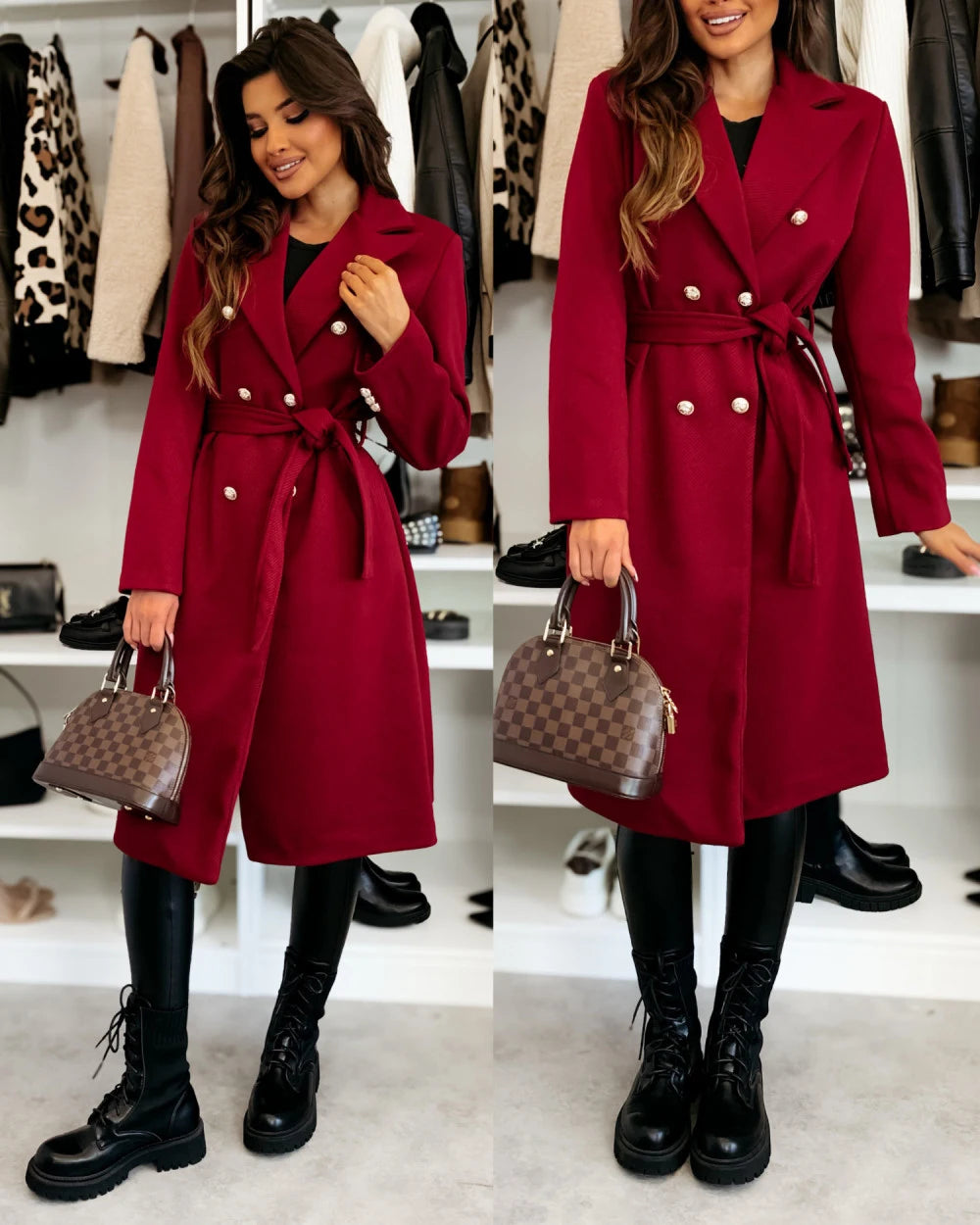 Women's Woolen Coat Autumn Winter Vintage Elegant Double Breasted Trench Coat Women Brown Long Sleeved Midi Windbreaker Jacket-belleandkai.com