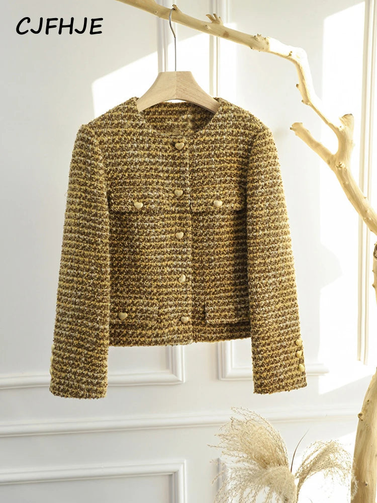 CJFHJE Women's Gold Short Woolen Coat  Autumn Winter New Korean Fashion Tweed Coat Elegant Retro Female OL Outwear Wool Jacket-belleandkai.com