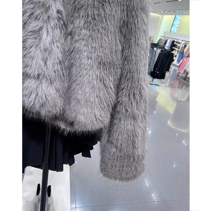 Spring Women's Cardigan Jacket Round Neck Pocket Fur Coat Solid Loose Suede Jacket Streetwear Vintag Outerwear-belleandkai.com