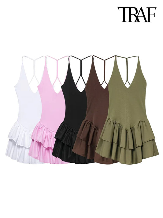 TRAF Women's Deep V-neck Sleeveless Sling Mini Dress Temperament Sexy Splicing Neck Short Backless Dress Elegant Women's Fashion-belleandkai.com