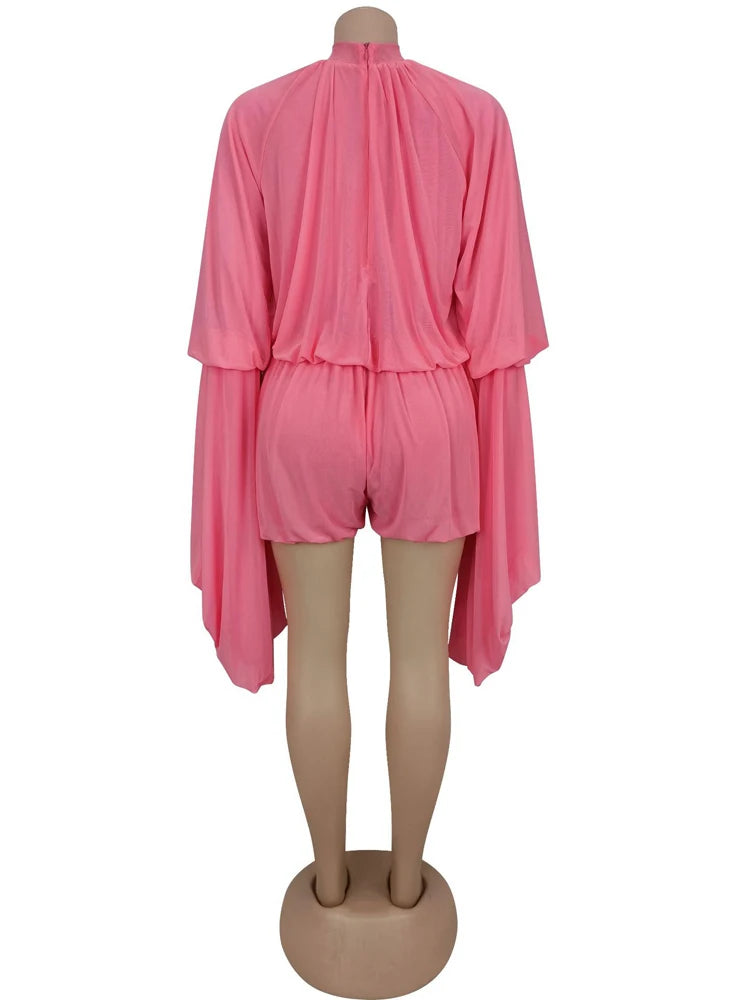 Beyprern New Chic Pink Ruffles Tierred Mesh Romper Cute Girls Batwing Sleeve Ruched Short Jumpsuit Loose Overalls Night Clubwear-belleandkai.com