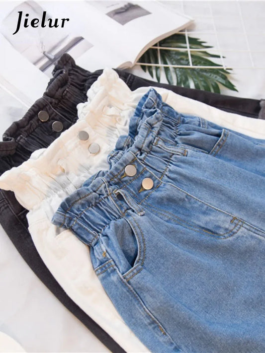 Jielur Summer Black Women Denim Shorts Women S-5XL Harem Ruffled White Blue High Waisted Shorts Female Elastic Short Jeans-belleandkai.com