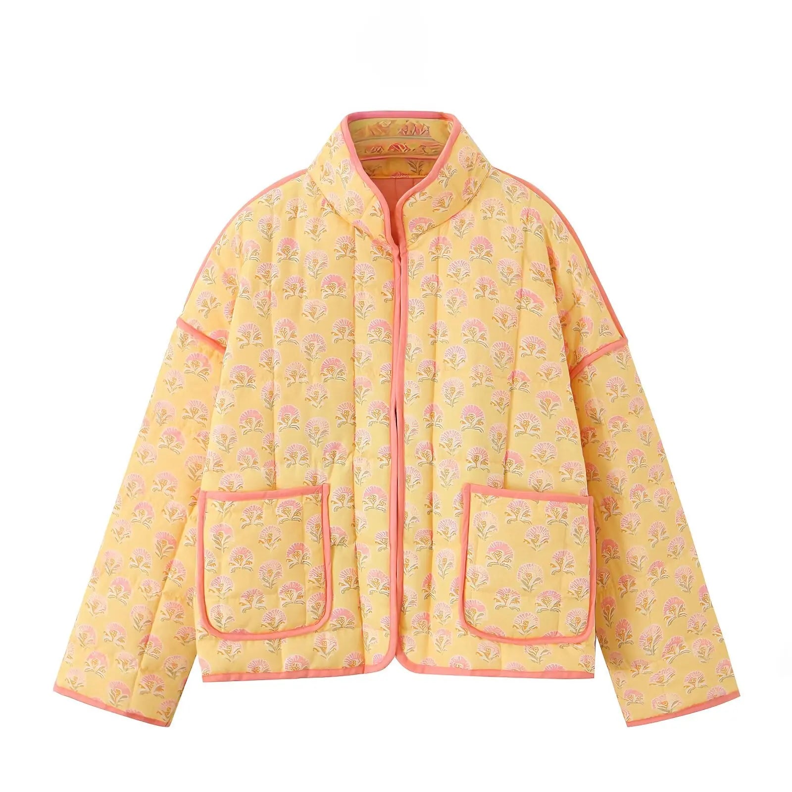 Print Quilted Cotton Jacket Women Fashion Long Sleeved High Neck Coats Female Single Breasted Loose Coat Autumn New Outerwear-belleandkai.com