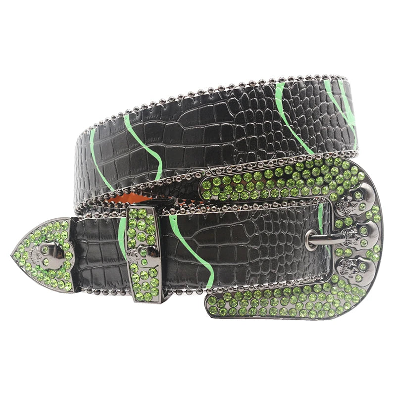 Skull Rhinestone Belts For Women Men Y2K Leather Strap Crystal Studded Western Cowgirl Cowboy Diamond Bling Bling Belt-belleandkai.com